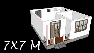 7x7 Small house plan  with 1 bedroom and full dimensions