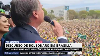 Discurso completo do presidente Jair Bolsonaro na Esplanada dos Ministérios, em Brasília (7/9/2022)