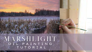Sunset Marsh Oil Painting Tutorial + Timelapse || How to Paint a Snowy Realism Landscape with Water