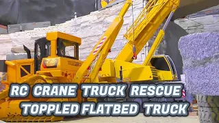 RC Crane Truck Rescue Toppled Flatbed Truck with Load: Remote Control Trucks in Action