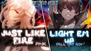 ◤Nightcore◢ ↬ Just Like Fire (Warriors Light Em Up) [Switching Vocals | Mashup]