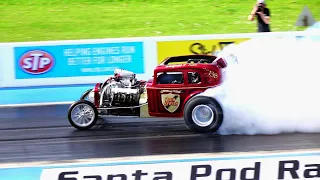 Fuel Altered Dragster "High Spirits"  Hits the wall at Santa Pod