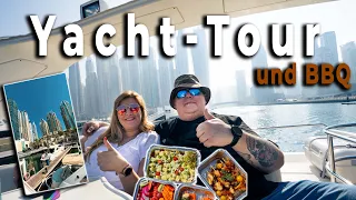 Yacht Tour in Dubai mit geilem BBQ 🍤🥩  | Palm Beach Jumeirah, Dubai Marina ☀️ | Dubai VLOG #2