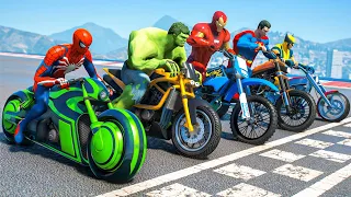 SPIDERMAN & Hulk w/ ALL SUPERHEROES Racing Motorcycles Event Day Competition Challenge - GTA 5 #273
