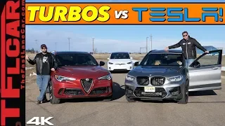 Drag Race Surprise! Alfa Romeo Stelvio and BMW X3 M VS The Slowest Tesla Family Hauler!