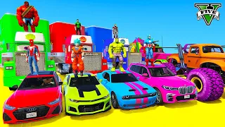 SPIDERMAN CARS Racing Challenge on LAKE MEGA Ramp ! SUPERHERO HULK IronMan Goku JET SKI Race - GTA 5