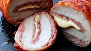 Schweinelachs in einer Art "Cordon bleu" mit einem Bacon Mantel