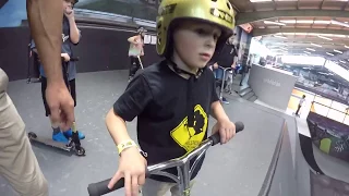 6 yr old attempts front flip on scooter rush skate park