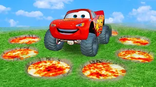 Giant Lava Pits Vs Huge & Tiny PIXAR CARS! BeamNG Drive Battle!