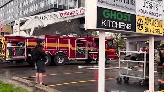 The scene of the Alrida Nuts and Coffee Roast on fire at 1989 Lawrence Avenue East in Toronto.