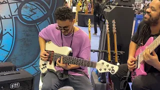 Henrik Linder, Michael Pipoquinha and Rubem Farias NAMM 2024 bass