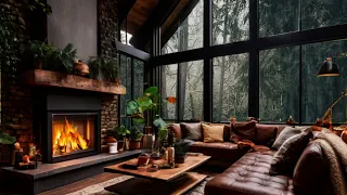 Relaxing Jazz Music/CracklingFireplace Sounds/Rainy Day at Cozy House Inside Forset