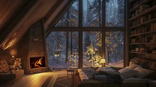 Tranquil Winter Forest Snowfall | Cozy Fireplace Ambience for Stress Relief and Better Sleep
