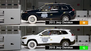 2015 and 2019 Jeep Cherokee driver-side small overlap IIHS crash test comparison