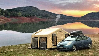 THUNDER STORM AND TORRENT RAIN CAMPING WITH INFLATABLE TENT WITH WOODEN STOVE