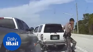 Close call and near miss when Florida trooper barely escapes out-of-control car