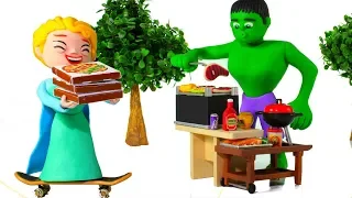 BARBECUE OR PIZZA? ❤ Superhero Babies, Spiderman, Hulk & Frozen Elsa Play Doh Cartoons For Kids