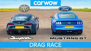 Toyota Supra v Ford Mustang V8 – DRAG RACE, ROLLING RACE & BRAKE TEST