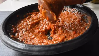 Delicious Charred Red Pepper & Koobi (salted Fish) Abomu sauce in a Clay Grinding bowl (Asanka).
