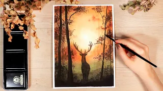 Easy Fall Forest Sunset Watercolor Tutorial // Beginner Friendly