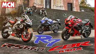 2022 Middleweight Sportsbike Shootout | Aprilia RS660 vs Yamaha R7 vs Honda CBR650R track/road | MCN