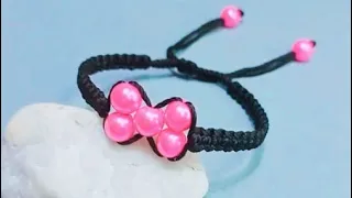 Diy bracelet Macrame ribbon from thread and pearls || gelang motif pita dari benang dan mutiara