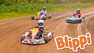 Blippi's Go Kart Race | Cars, Trucks & Vehicles Cartoon | Moonbug Kids