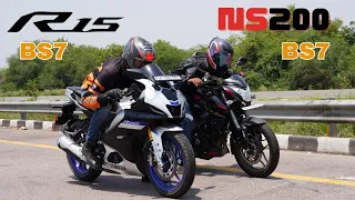 Yamaha R15M BS7 vs Bajaj Pulsar NS200 BS7 Drag Race