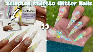 TRYING 5-IN-1 BUILDER GEL IN A BOTTLE 🤔 | Clear Glitter Encapsulated Stiletto Nails | Nail Tutorial