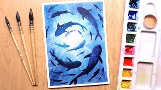 Watercolor painting of beautiful underwater seascape easy