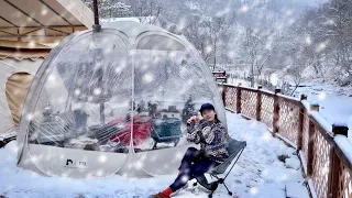 White Christmas CAMPING in Transparent Tent ☃️ Merry Christmas! 🎄 Christmas dishes and Panettone