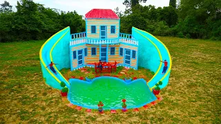 100 Days Build A Mud Tiny House, Swimming Pool & Twin Water Slide Around House Into Pool