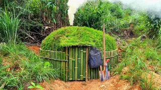 Build a Survival bushcraft Shelter with Bamboos, thatched roof, Fire stove, grilled meat