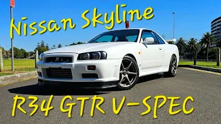 Import a 600 Wheel Horsepower Nissan Skyline R34 GTR V-SPEC QM1 White RB26DETT 6 Speed to the USA