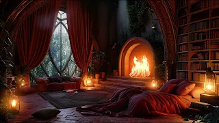 Deep Sleep in a Cozy and Warm Castle Room - Rain, Fireplace and Thunderstorm Sounds for 8 Hours