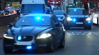 Convoy of 4 unmarked vehicles emergency lights + siren through London