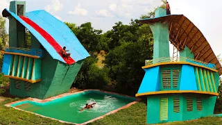 Technique Build Modern House & Unique Water Slide On The Roof To Swimming Pool By Ancient Skills