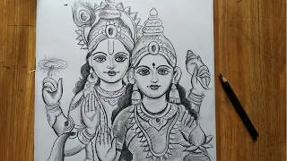 how to draw lord vishnu and mata laxmi with pencil sketch drawing,lord vishnu & lakshmi mata drawing