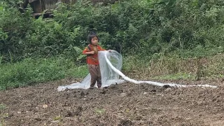 The little girl's surprise helps her father in gardening and growing vegetables.