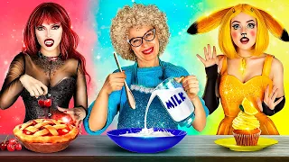 Grandma VS Pikachu VS Vampire Cooking Challenge! Color Food Challenge! Kitchen Hacks!