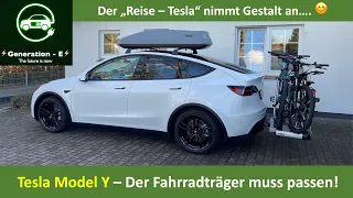 Tesla Model Y - mit Dachbox und Fahrradträger zum Familien - Reise - Fahrzeug / check Fahrradträger