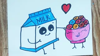 How to Draw Milk and Cereal Easy - Cartoon Food  Drawing 2023