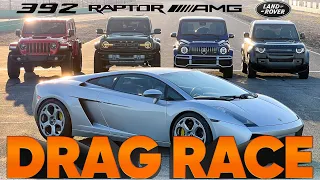 Bronco Raptor vs G63 AMG vs Jeep Wrangler 392 vs Defender V8 vs Gallardo — Cammisa Drag Race Replay