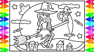 How to Draw a Cute Halloween Witch for Kids 🎃💜🖤💚Cute Halloween Witch Drawing and Coloring Page