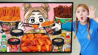 HIU 하이유 Real VS Animation | Mukbang Pororo TTeokbokki Fire Spicy Noodle Black Noddle Sandwich