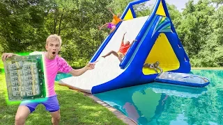 LAST TO LEAVE WATERSLIDE WINS $1 MILLION UNBREAKABLE BOX!! (Pond Monster Spotted Hiding)