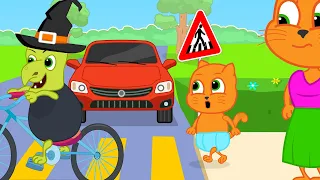 Cats Family in English - Witch breaks traffic rules Cartoon for Kids