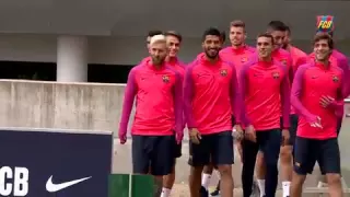 Messi, Suarez and the Barcelona team play stag do favourite bubble football in training session