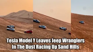 Tesla Model Y Treats Sand Dune As Drag Strip! Smokes 2 Jeep Wranglers