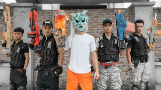 GUGU Nerf War : Squad CID Dragon Nerf Guns Fight Crime Group In Jail SKMAN Mask